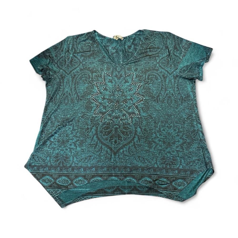 Teal Paisley Women's Top with silver stud accents